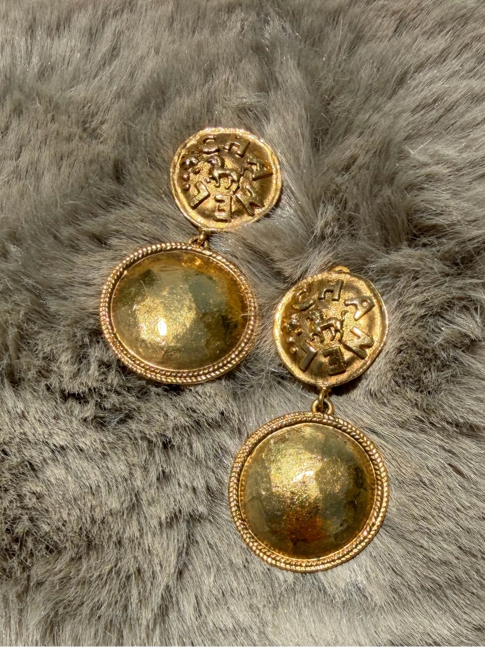 CHANEL | Vintage Gold-plated Double Drop Logo and Lion Clip-On Earrings 2”